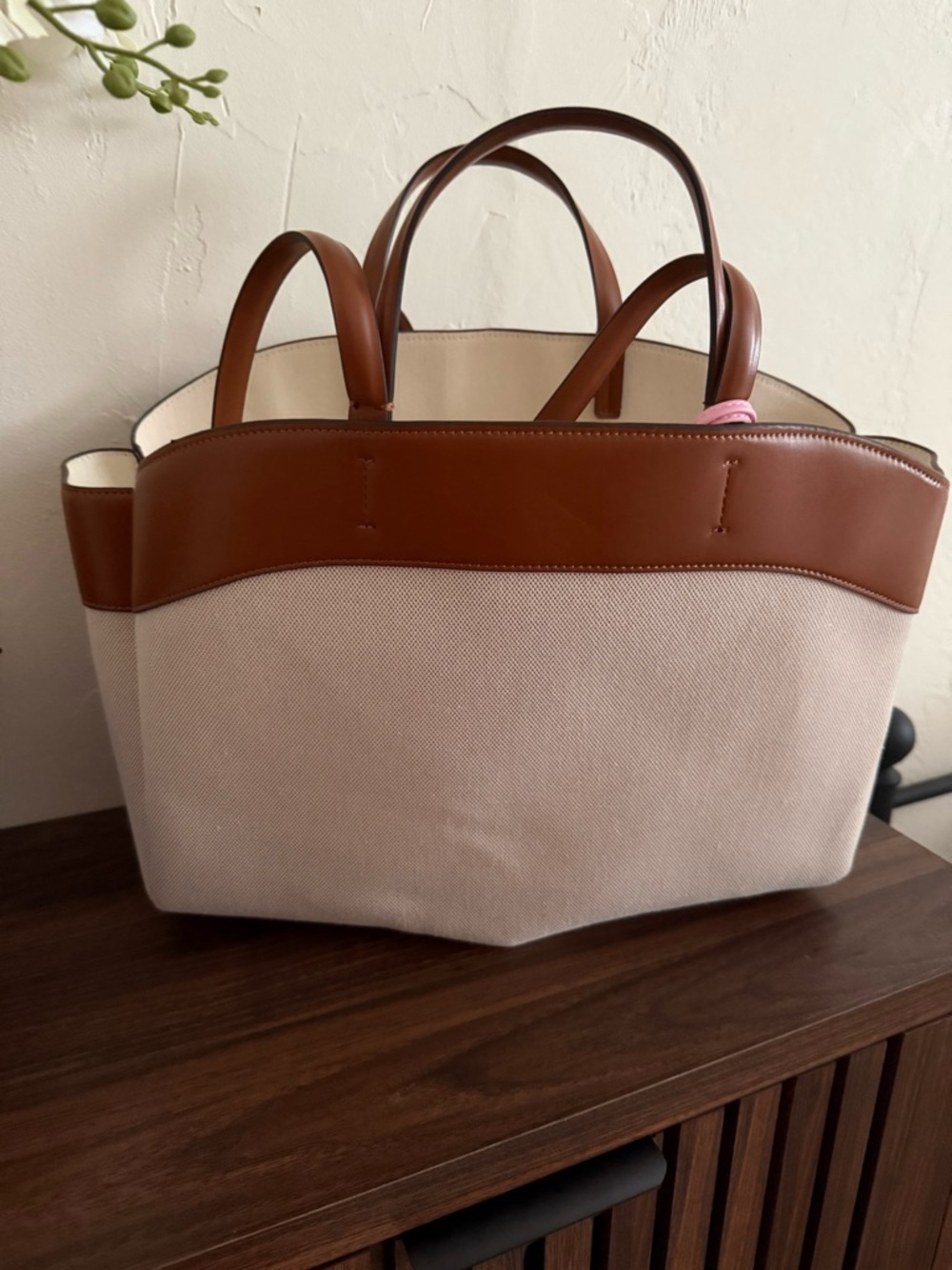 Zara Beige Canvas Hobo with Brown Leather Trim